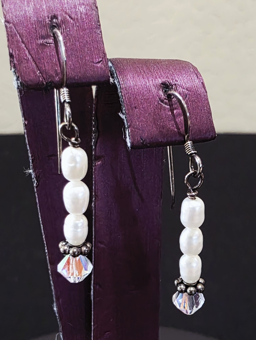 Sterling Silver 925 Freshwater Pearl Faceted AB Crystal Dangle Pierced Earrings